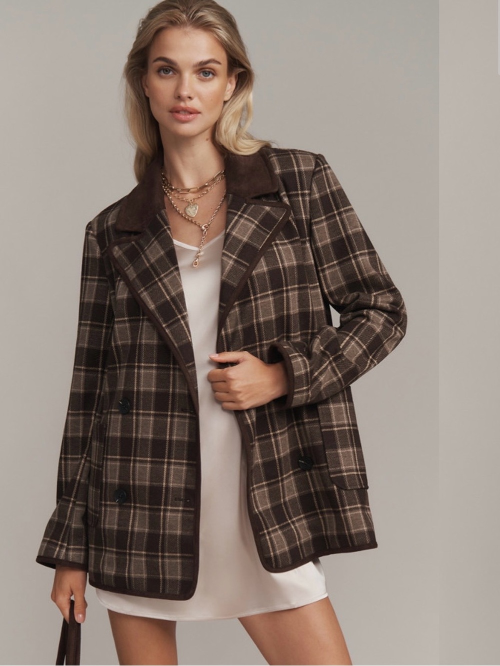 Avec Les Filles Brown Plaid Double-Breasted Blazer